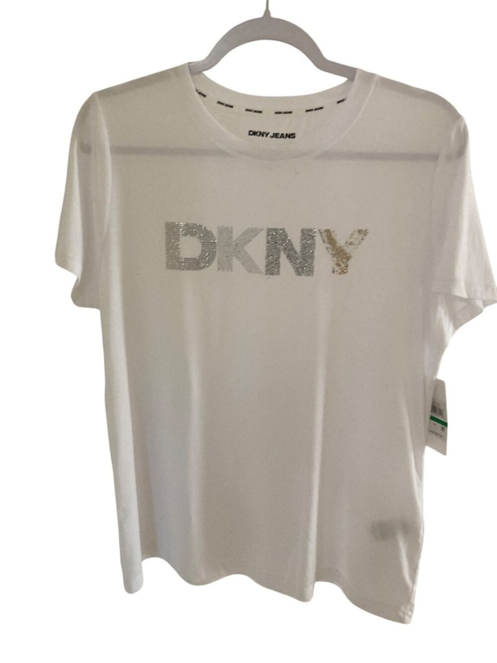 DNKY Short Wide Sleeve Crew-Neck Crystal-Embellished Logo T-Shirt Large  NWT